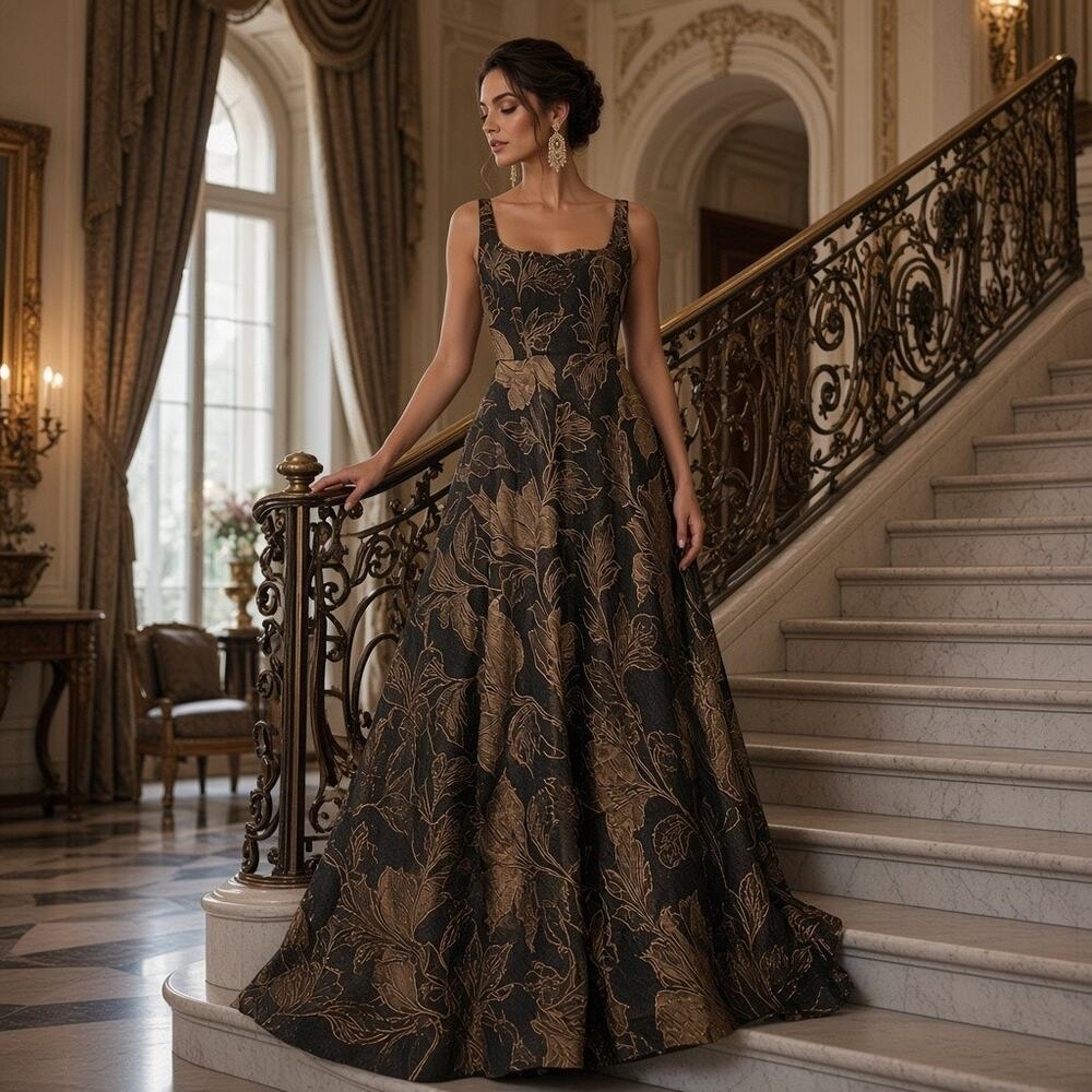 G-47 Rene Ruiz Collection Black Gold Floral Gown – Size 6, NWT – Style LRR25‑201